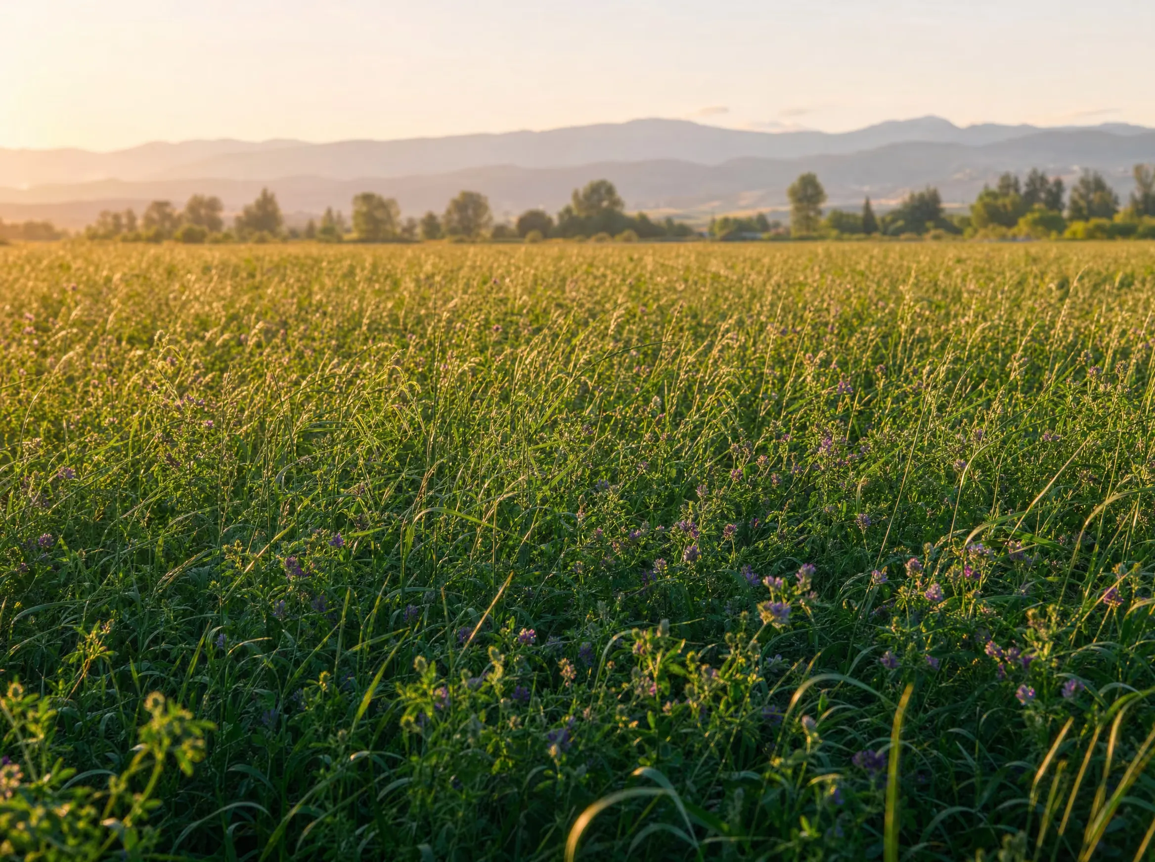 A lush 50/50 grass and alfalfa hay field with purple alfalfa blossoms at golden hour
